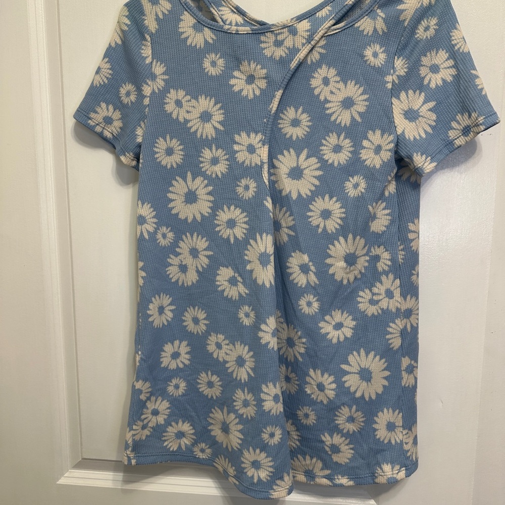 Macaron Blue Daisy Floral Waffle Knit Short Sleeve Top Back Strappy Detail